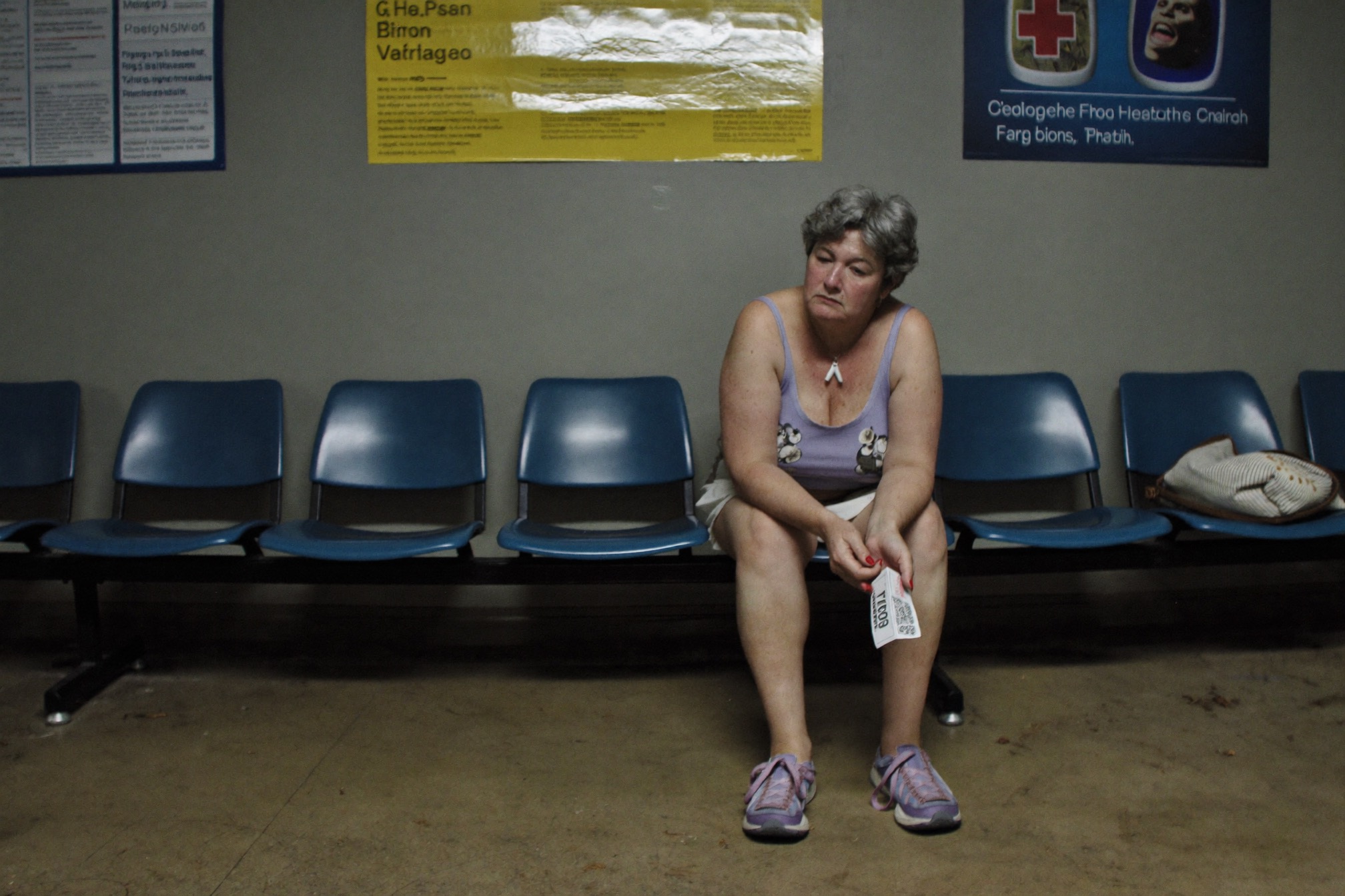 Tired woman sitting alone in a clinic waiting room